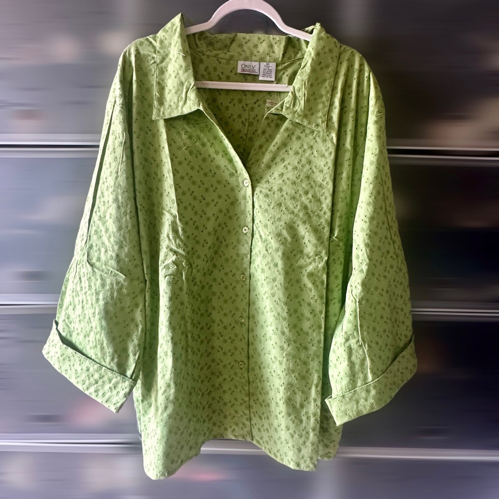 Only Necessities Lime Green Floral Eyelet Button Down Shirt 5X Cotton Blend